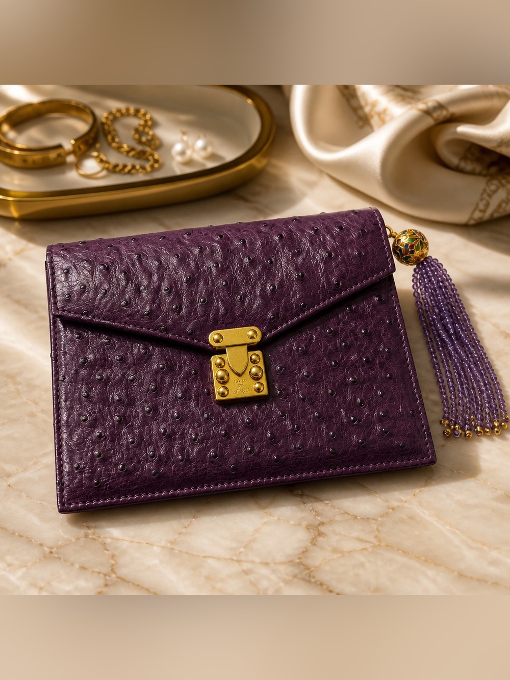 Lana of London Genuine Ostrich skin Purple Clutch with Gold Hardware